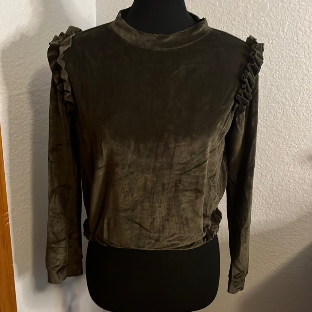 Cotton Emporium Olive Green Ruffle Sleeve Top